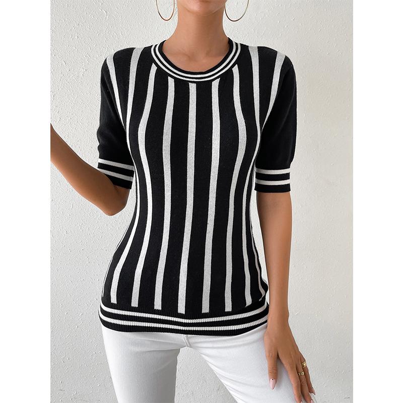 Весна-лето, новый женский полосатый модный топ с коротким рукавом, повседневный пуловер, женский трикотаж