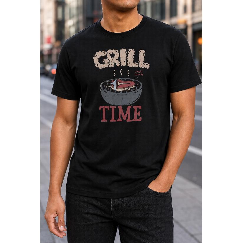 Plus Size - Men's T-Shirt S-5XL Featuring A 'Grill Time' Graphic With Steak On Grill - A Casual Short-Sleeve Crew-Neck Top With Relaxed Fit,
