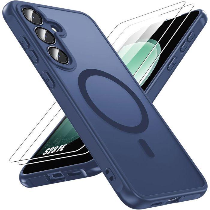 Coque + 2 Verre Trempé pour Samsung Galaxy S23 FE, avec Cercle Magnétique Vitre Caméra - Bleu Foncé