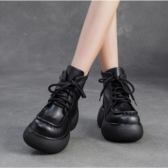 Johnature Натуральная кожа Британский стиль Ретро Толстая подошва Плюшевые Короткие ботинки Универсальная женская обувь на платформе