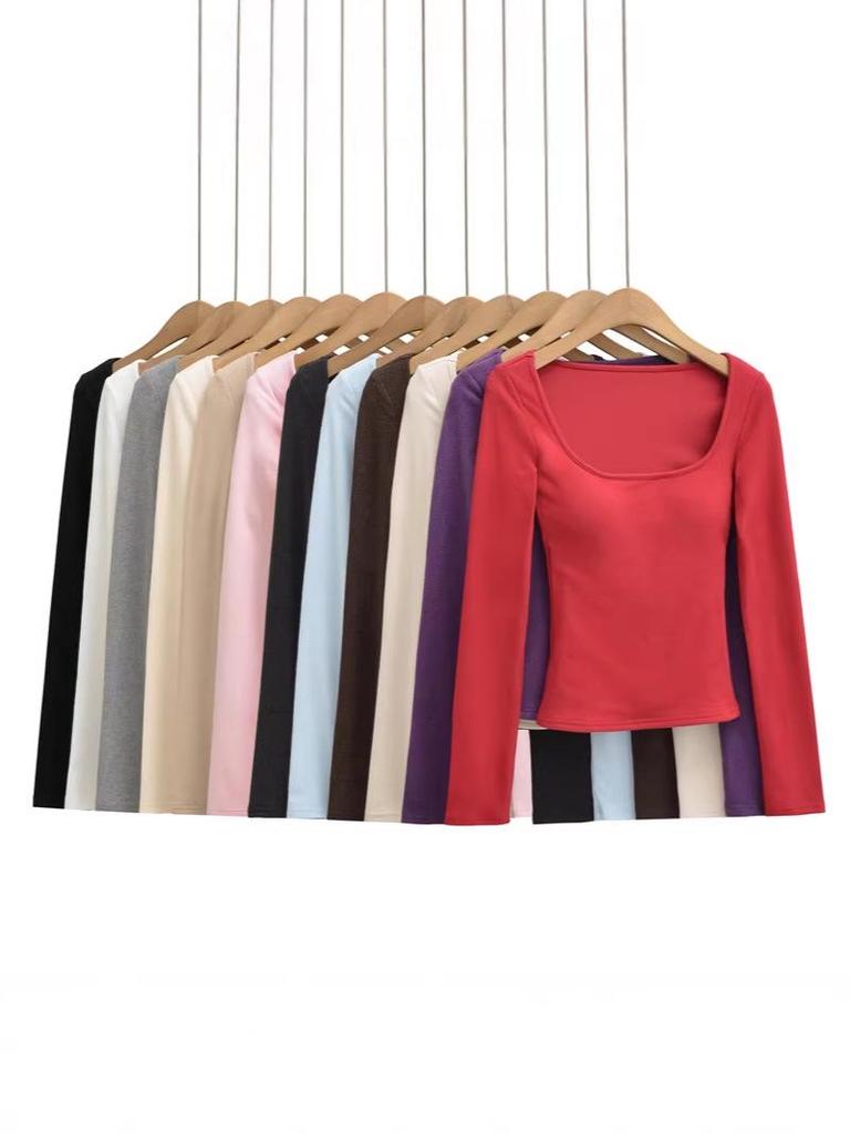Korean Square Neck Slimming Long Sleeve T-Shirt with Chest Pads and Waist-Cinching Design for Women - Spring/Autumn