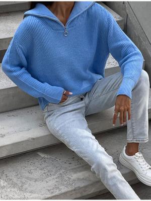 Bornladies вязаный свитер женский 2024 осень зима свободные молнии лацканы пуловеры женские теплые топы