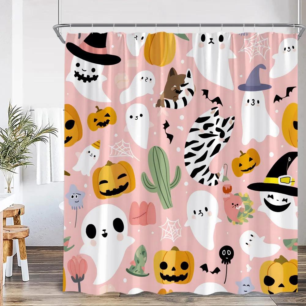 Cute Ghost Cartoon Pattern Shower Curtain Pumpkin Lantern Spectre Orange Pink Bathroom Decor Kid Happy Halloween Bathtub Curtain