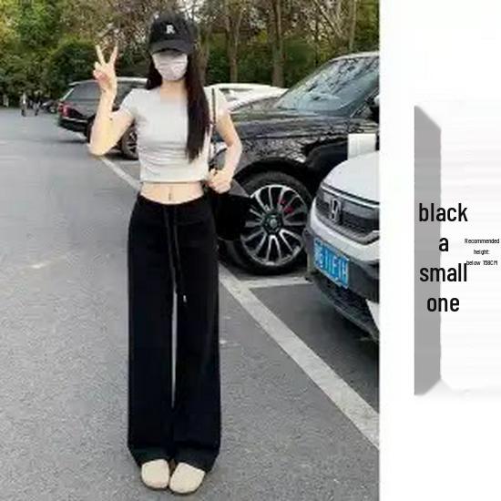 Women's 2025 Summer High Waist Dark Gray Wide-Leg Sweatpants - Lightweight, Drape, Petite, Straight-Leg.