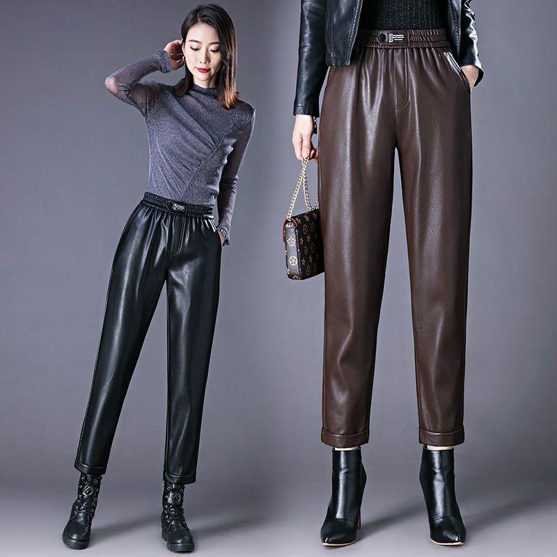 Плотные кожаные брюки с высокой талией и размером 9 дюймов плюс, новый зимний стиль, свободные повседневные брюки Haren