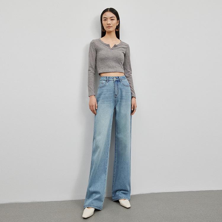 Shi Lin 2026 High-Quality Korean Style High-Waist Wide Leg Light Blue Floor-Length Jeans.