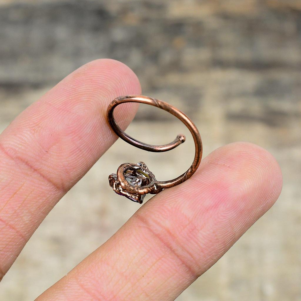 Грубое кольцо с розовым турмалином, медное кольцо, изготовленное гальваническим методом, регулируемое кольцо ручной работы, кольца с настоящим драгоценным камнем, гальванопластичное медное ювелирное изделие, подарок для нее