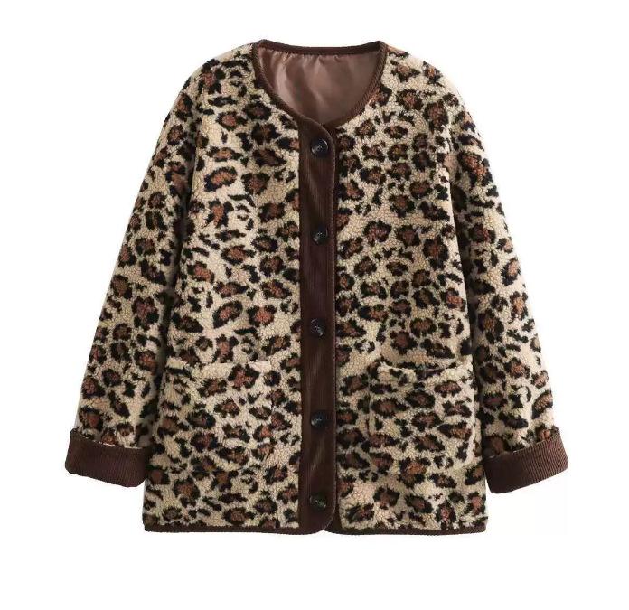 Women'S Leopard Print Casual Loose Long Sleeve Lamb Fleece Jacket