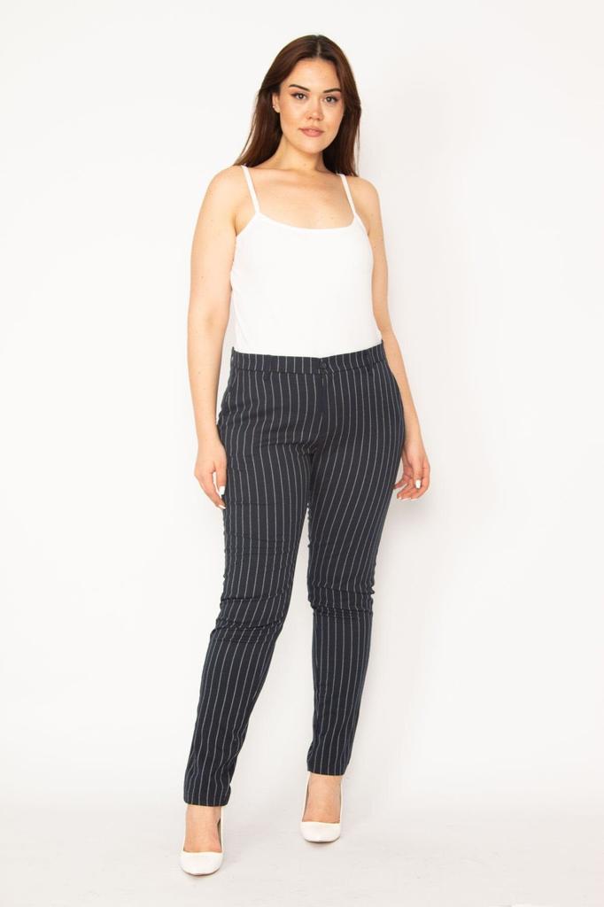 Women's Style Plus Size Pants Big Size Navy Blue Striped Classic Trousers With Side And Back Flap Pockets