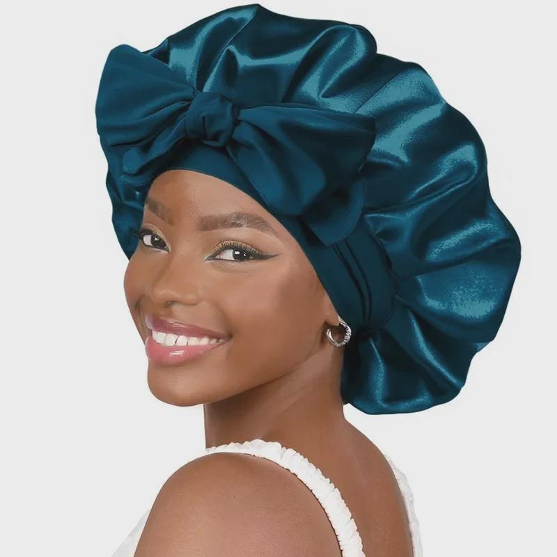 High Elastic Satin Nightcap with Wide Brim & Bow for Salon Hair Care