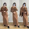 Autumn Winter   Casual  Women Two-piece Set Solid Color Pockets Knitted Sweater Cardigan O-neck Long Sleeved Dress