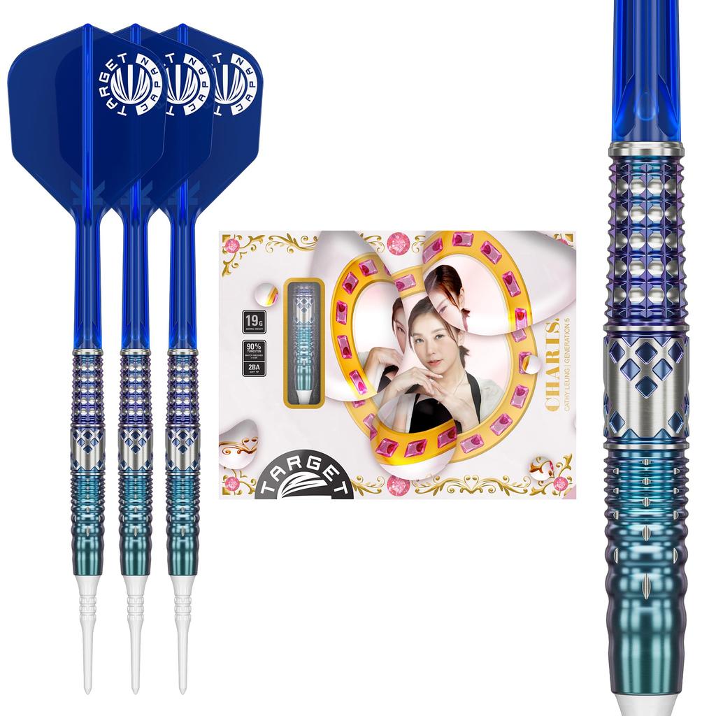 Target Japan CHARIS G5 Cathy Leung 90% Tungsten K-Flex Soft Tip Darts Set, No. 6 Shape Flights and Shafts, 2BA White Pixel Tips (CHARIS G5)