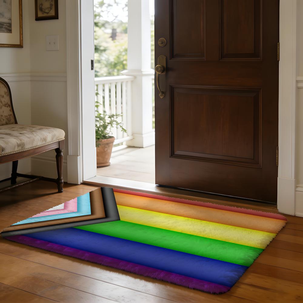 Rainbow Stripes Floor Mat Soft Flannel Absorbent Mat Non-Slip Rug Home Bedroom Bathroom