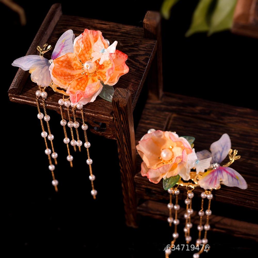 Tassel Floral Hair Stick Pearl Flower Hair Comb Elegant Tang Dynasty Hairpin Jewelry