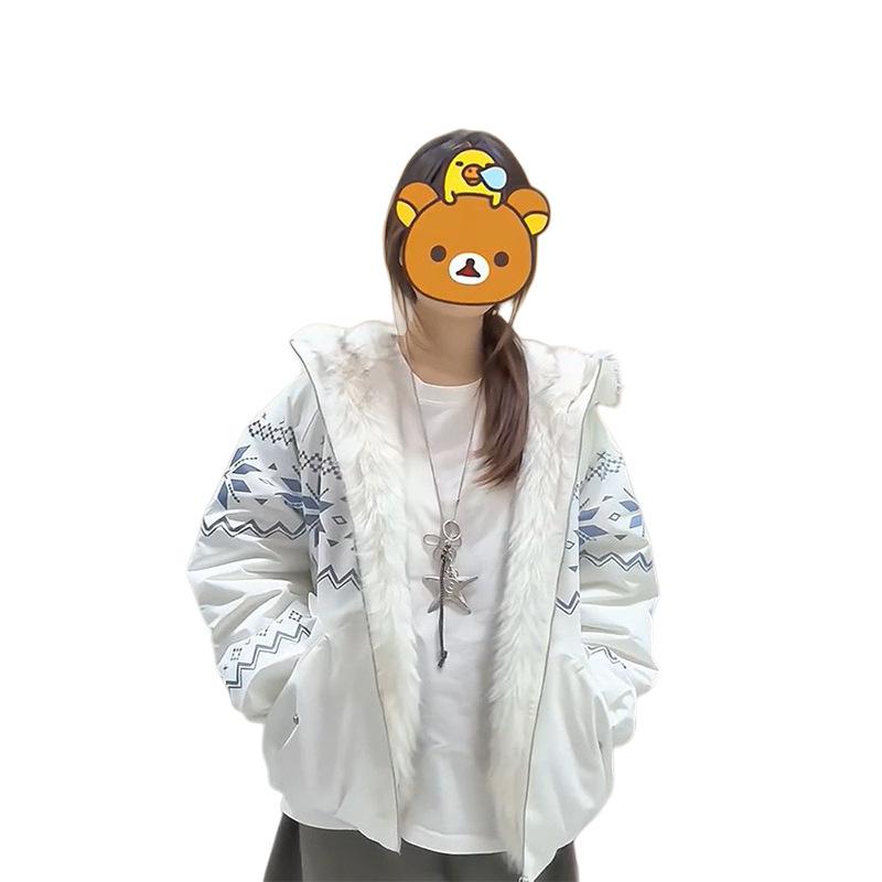 Pure and cute gentle wind white hooded fluffy down cotton clothes versatile loose casual warm design jacket