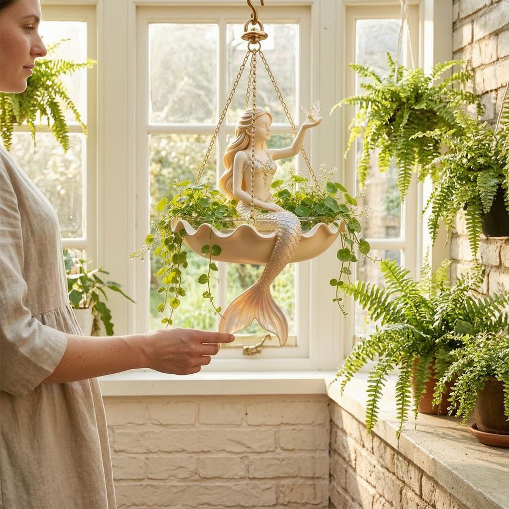 Creative Yard Ornament Fairy Ballet Dancer Mermaid Hanging Planter, Resin Decorative Flower Pot with Metal Chain, Boho Style Outdoor Indoor