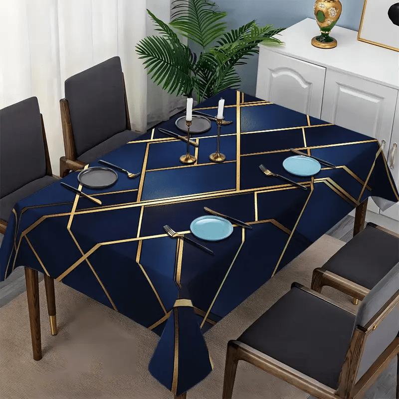 1pc Elegant Navy Blue Geometric Print Tablecloth, 152.4x218.44 cm, Rectangular, Polyester, Easy to Clean, Suitable for Holiday Parties and Fine Home D