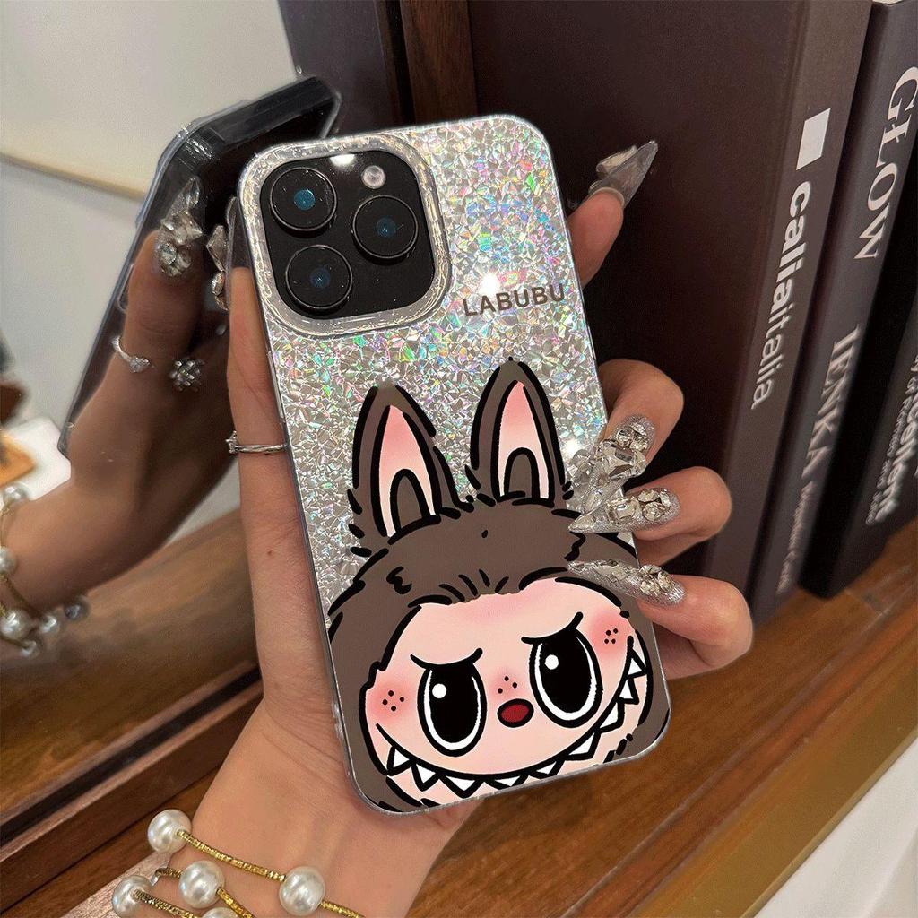 Phone Case for iphone XR 13 XS Max 11 12 Air 18 Pro Max 14 17 Pro 16 Plus 15 Funny LABUBU Silver Cracked Texture Shockproof Cover