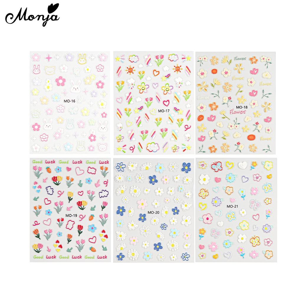 monja 6 вариантов 5D наклейки для ногтей Симпатичные тисненые цветочные серии Рельефы Клейкие наклейки Цветочный узор в виде листьев Аппликация «Белый кролик и облака»