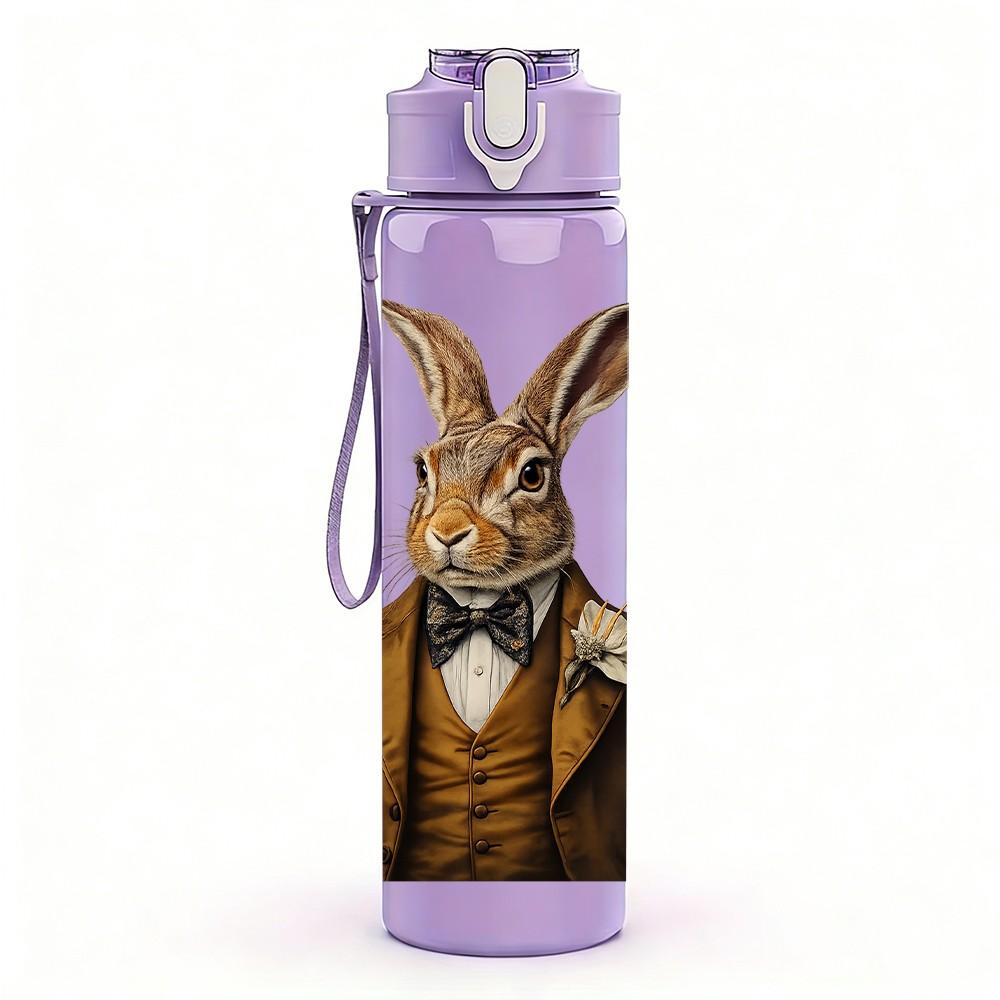 1PC Gentleman Rabbit Vintage Suit Print 750ml Color Plastic Sports Water Bottle Leakproof Flip Straw Lid Suitable for Sports Office Home Use