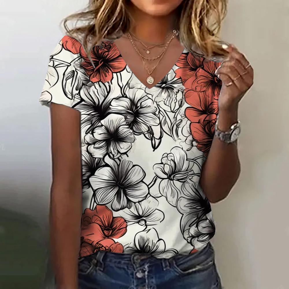 Women's T-shirt Floral Print Summer Loose and Comfortable Short-sleeved Pattern V-neck Casual T-shirt Casual Elegant Clothing