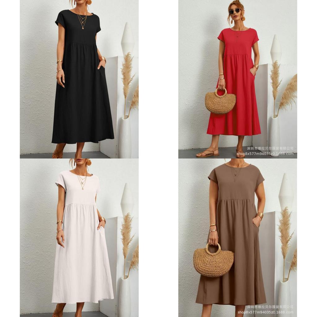 Minimalist Cotton Linen Dress With Pockets For Spring Casual Wear