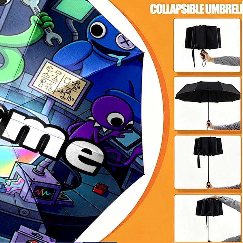 Custom Name Personalized Game Rainbow Friends Print Umbrella, Auto Open Close, 8‑Rib Sturdy Frame, Commute Camping Hiking Use, Birthday Gift