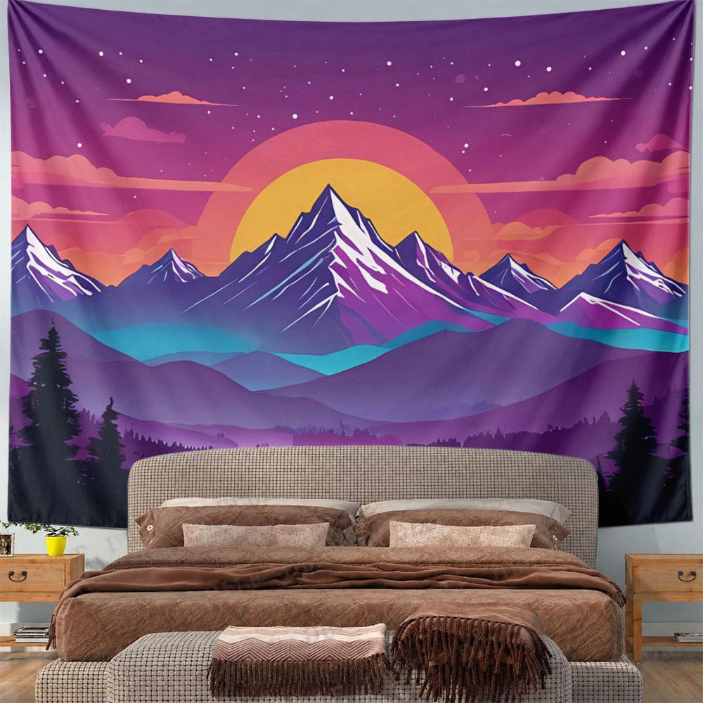 Vibrant sunset over snowy mountains, with layered valleys and silhouettes. Patterned tapestry for bedroom and living room home decor