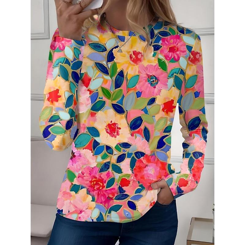 Women's Casual T-shirt 3D Printed Flower Print Round Neck Retro Elegant Long Sleeves Women's Fashion Pullover Long Sleeve Tops