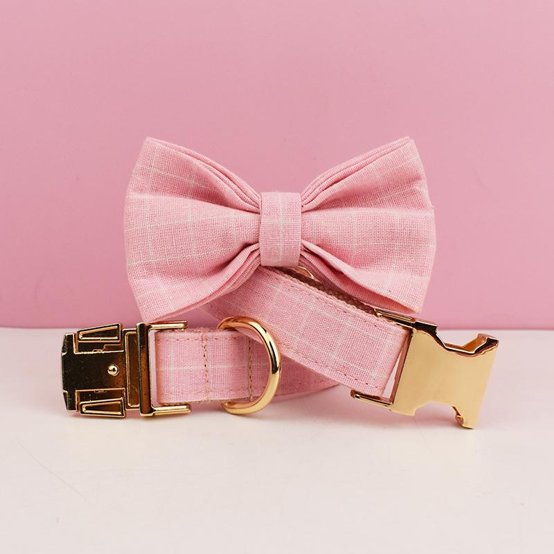 Light Pink Plaid Cotton Dog Collar And Leash Set XS-XL Free Custom Logo Puppy Cat Harness With Bowtie And Leads