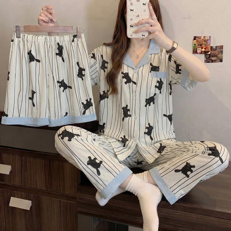 Little fresh fairy style summer new short-sleeved pajamas women's lazy sense loungewear cloud cotton three-piece set