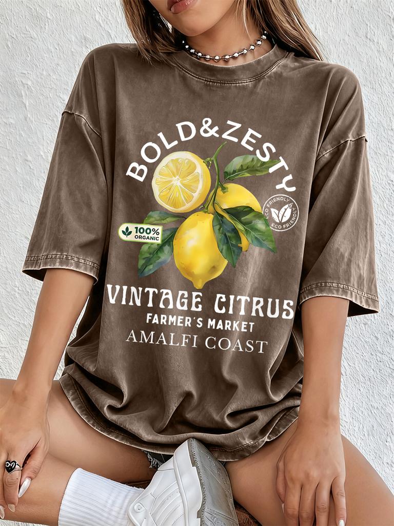 Amalfi Coast Fresh Organic Lemons Printed Washed TShirts Womens Cotton Oversized Tops Distressed ONeck T Shirts Summer Clothes
