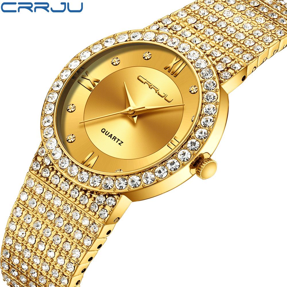 CRRJU New Men's and Women's Couple Watches Women's Watches Women's Gold Diamond-studded Watches Full of Stars and Diamonds