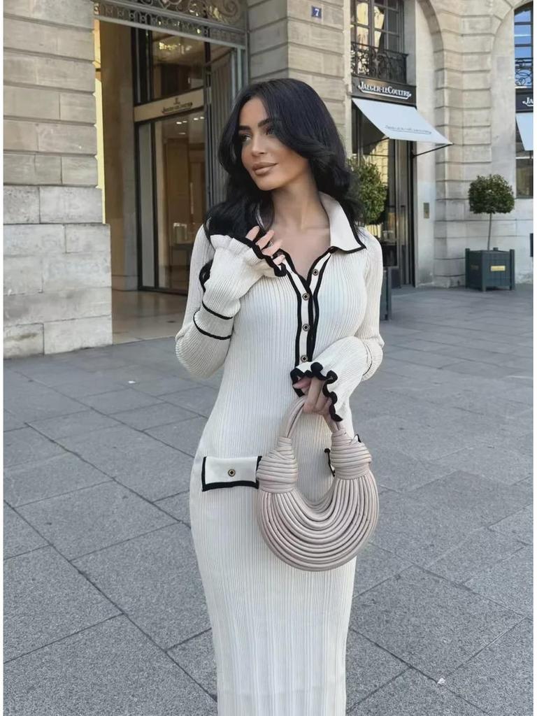 Платье-свитер с оборками в европейском и американском стиле 2025 года — роскошное платье-миди с французскими лацканами на осень/зиму