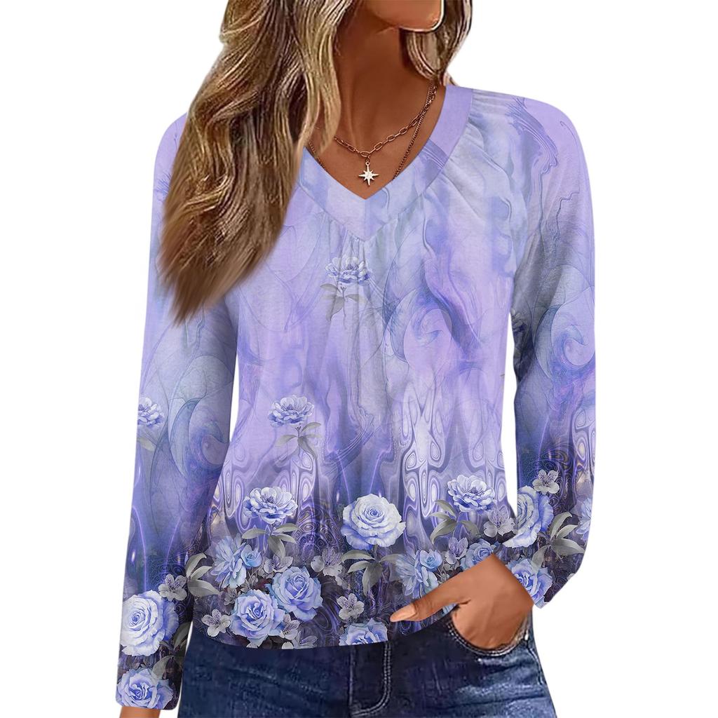 Женский повседневный модный топ с V-образным вырезом, рукавами реглан, плиссировкой и цветочным принтом, с длинным рукавом