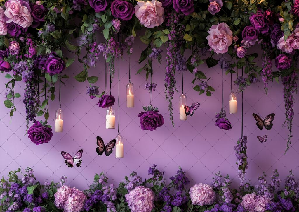 Dreamy Butterfly Backdrop Purple Flower Wall Baby Shower Girl Birthday Party Lantern Candle Wedding Photography Background Decor