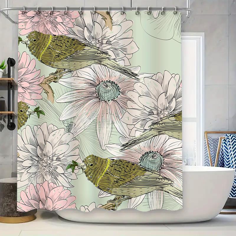 Vintage Floral Birds Shower Curtain Pink White Green Flower Pattern Home Decor Bathroom Rug Drape Waterproof Fabric Printing 305