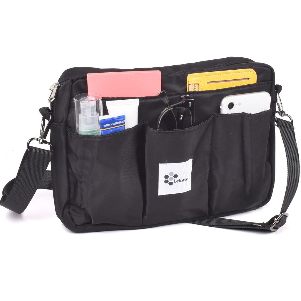 Lelotte Shoulder 12 Shoulder Crossbody Lightweight Inner Bag for Men and Women Bag-in-Bag, Horizontal, Strap, Pockets, 2-Way Bag, Storage, (Black)