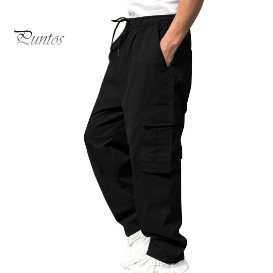 Men Cargo Pants Multi Pockets Drawstring Elastic Waist Solid Color Loose Wide Leg Straight Soft Streetwear Full Length Men Long