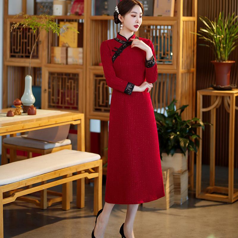 Winter thickened long A version slim fit improved mother dress cheongsam skirt Xi mother-in-law banquet dress daily cheongsam