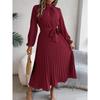 Autumn and Winter Elegant Stand-collar Long-sleeved Waist Pleated Long Skirt Dress