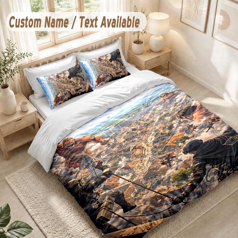 Attack on Titan Bedding Set, 1 Duvet Cover & 2 Pillowcases Soft Comfortable Bedroom Home Textile Decor