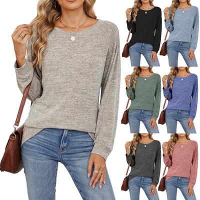 Женский повседневный и модный однотонный топ с круглым вырезом, свободного кроя, с длинными рукавами и кулиской.