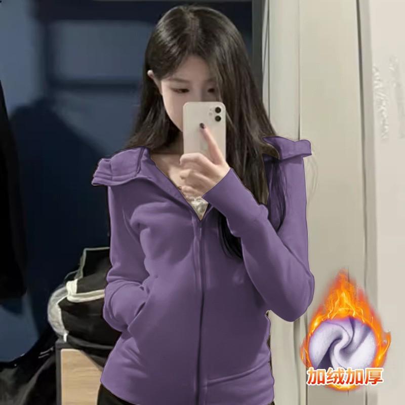 Womens Slim Fit Hooded Zip-Up Sweatshirt Purple Korean Style Casual Yoga Top