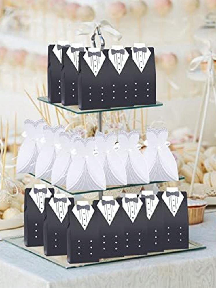 50 Pcs Wedding Treat Bags Wedding Party Favor Boxes Dress Tuxedo Gift Box Vintage Bulk with Ribbon for Birthday Bridal Shower Guests Decoration Party