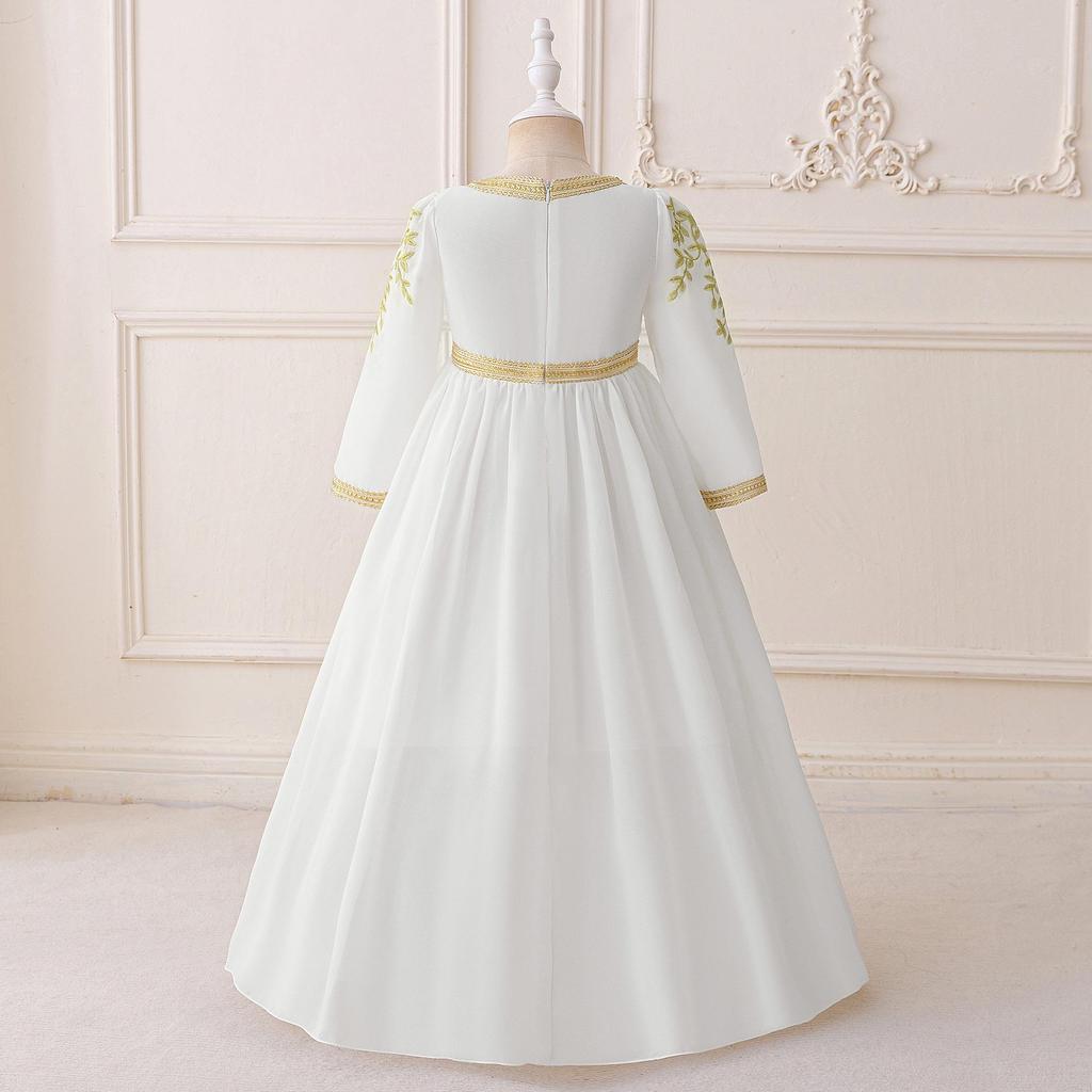 Вечернее платье из шифона с вышивкой и юбкой с лентами для девочек, с длинным рукавом