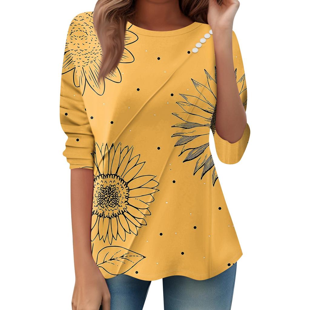 Women's Loose Casual Long Sleeve Top Round Neck Button Pull Stripe Prints T Shirt