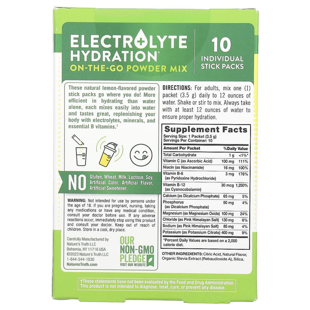 Nature'S Truth, Electrolyte Hydration + Vitamin B, Portable Powder Mix, Lemon, 10 Individual Stick Packs, 3.5G (0.123Oz) Each