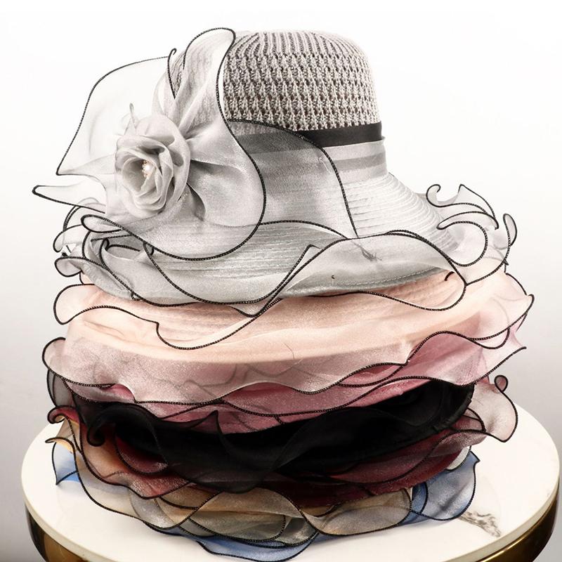 Elegant Summer Women'S Sun Hat Breathable Organdy Material Foldable Design Top Flower Organza Wide Brim Ruffled Beach Hat