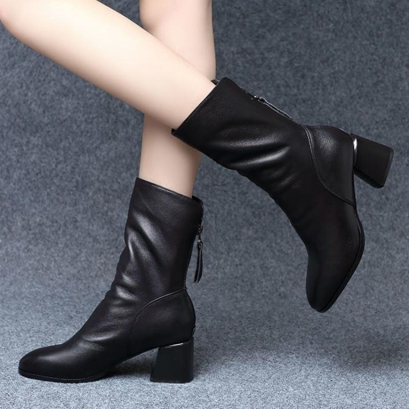 Fashion Leather Middle Heel Mid Calf Shoes Woman Winter 2025 Novelty Trend Demi-season Chic and Elegant Sale Half High Boots for Women